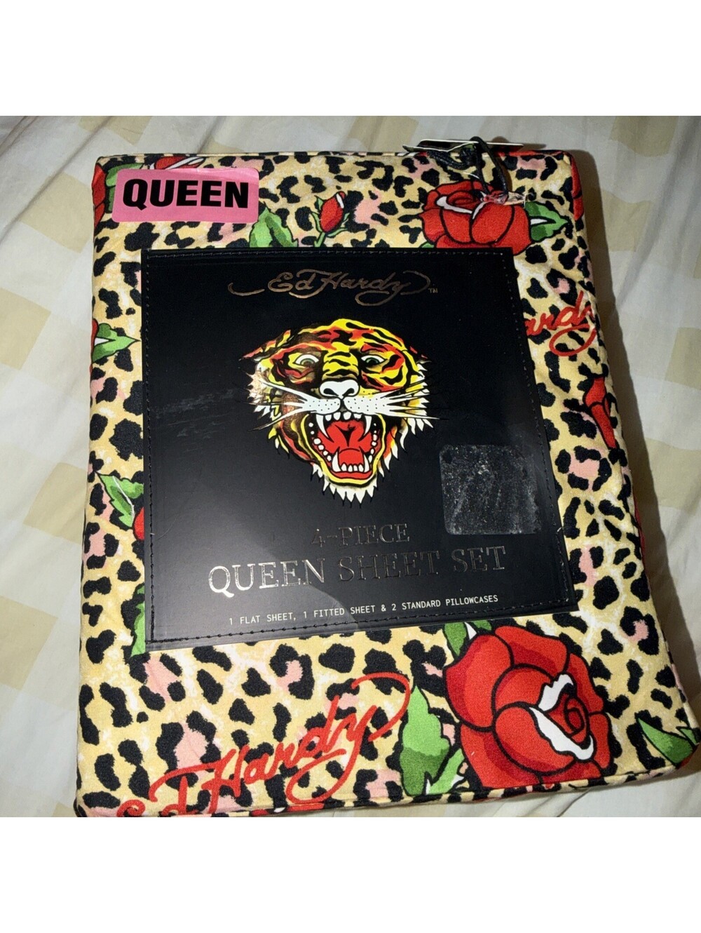 Ed Hardy Leopard Print with Red Roses & Logos 4pm QUEEN Sheet Set NWT